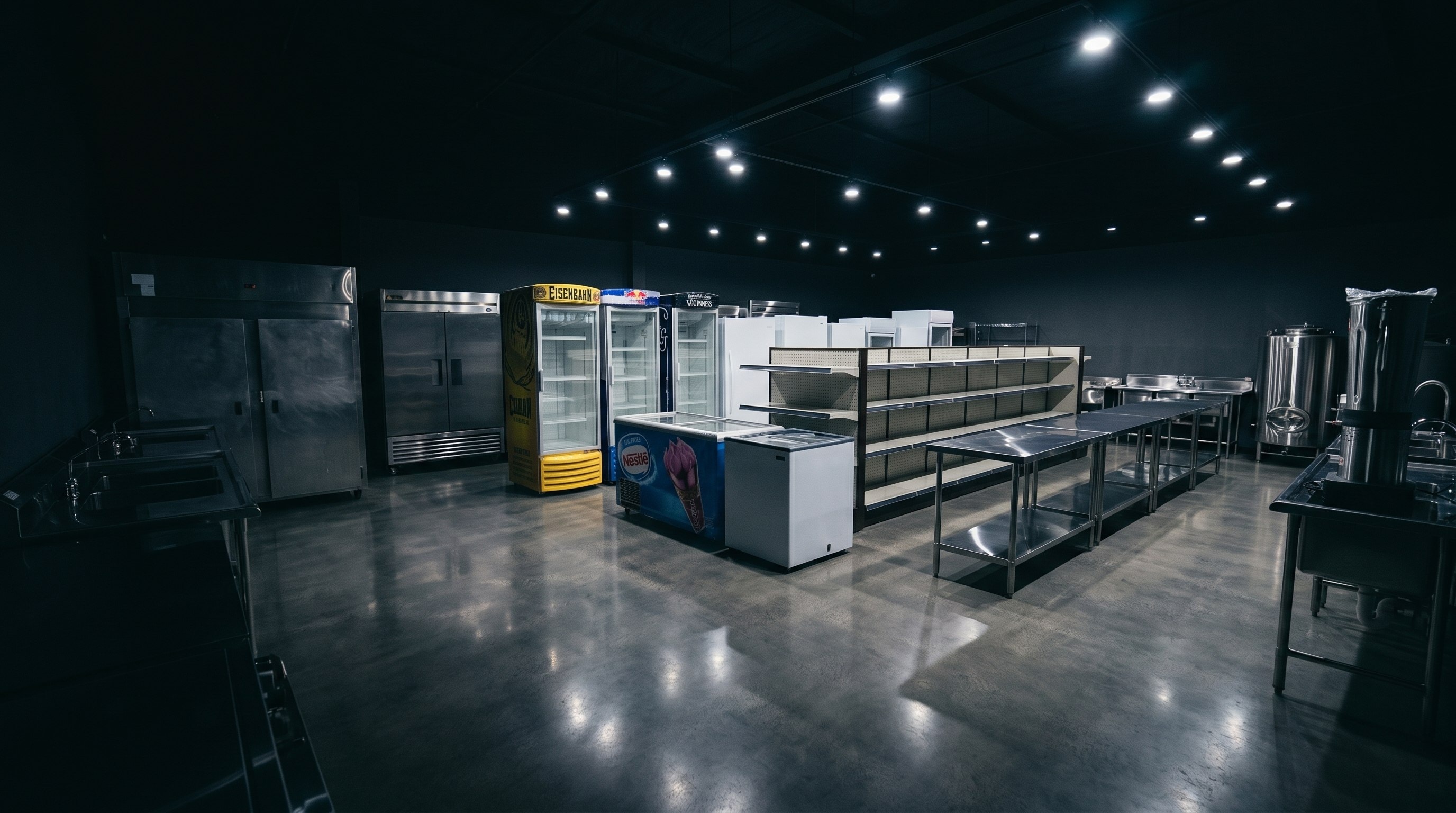 Câmaras frias de inox, cervejeiras e freezers de sorvete em ambiente escuro