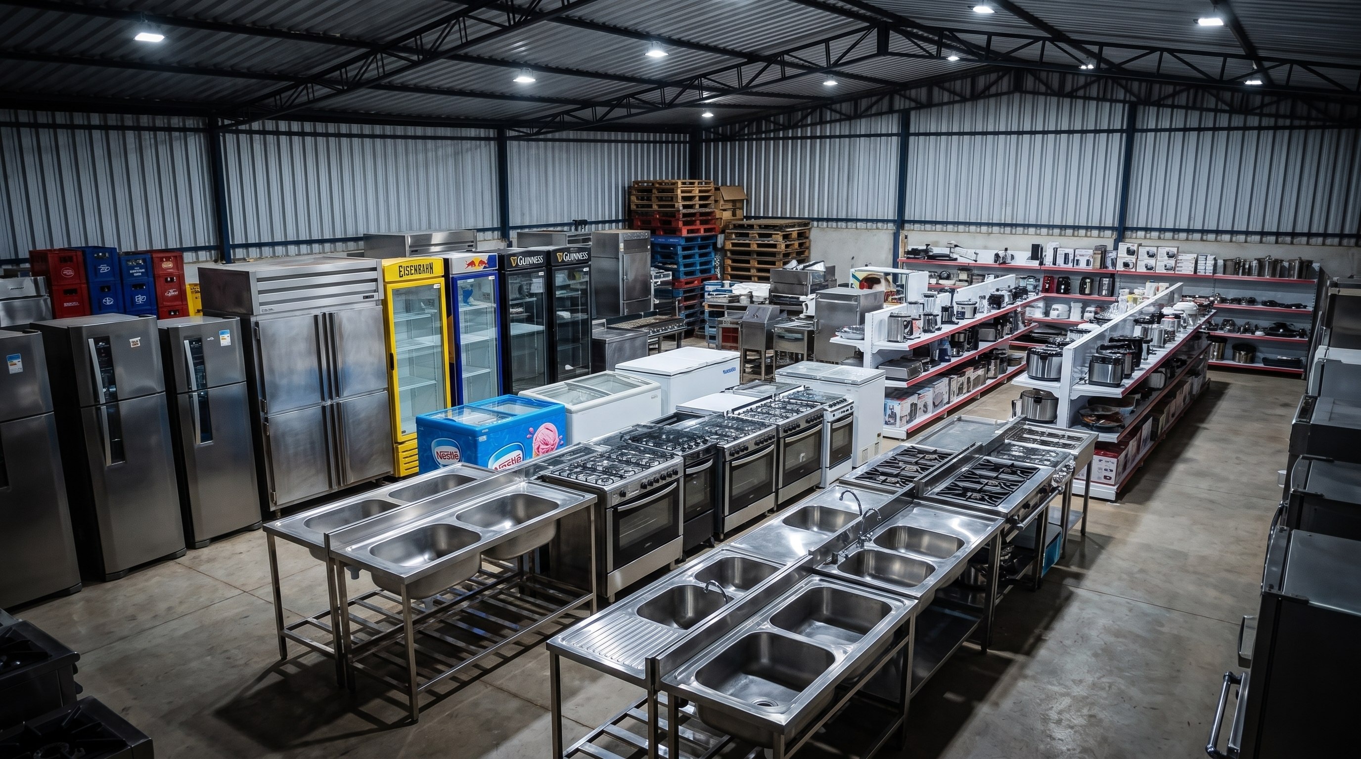 Equipamentos comerciais de inox e refrigeração organizados em galpão
